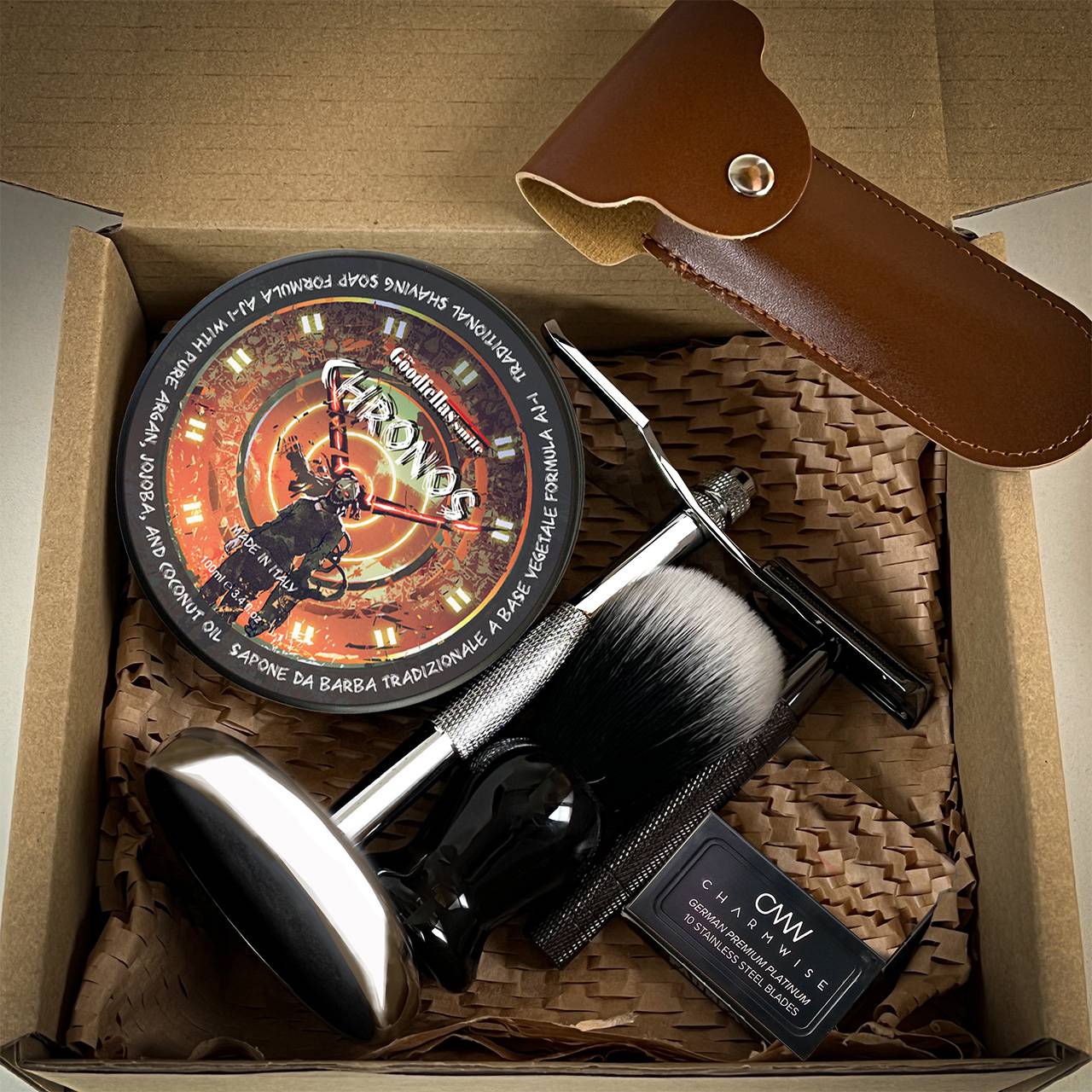 Premium Shaving Kit with Gunmetal Razor, Synthetic Brush, Soap and